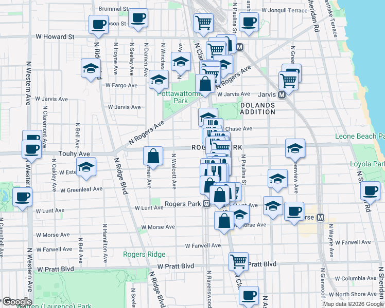 map of restaurants, bars, coffee shops, grocery stores, and more near 1815 West Touhy Avenue in Chicago