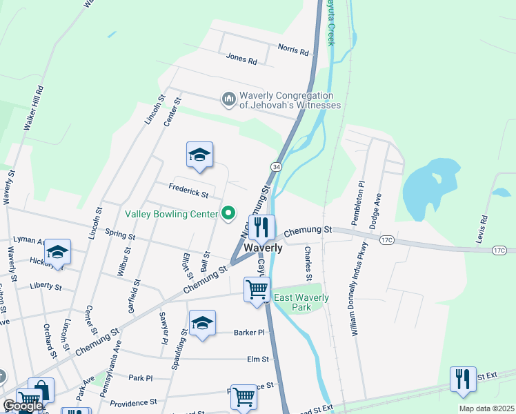map of restaurants, bars, coffee shops, grocery stores, and more near 29 N Chemung St in Waverly