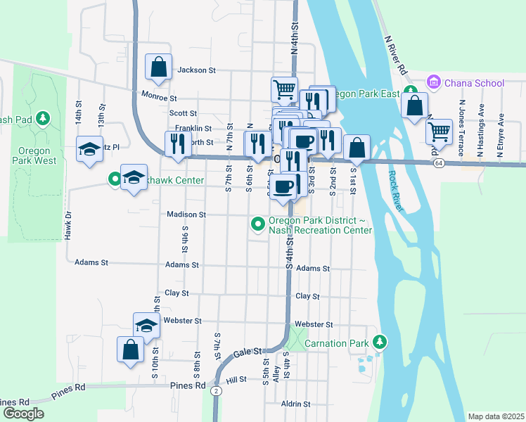 map of restaurants, bars, coffee shops, grocery stores, and more near 500 Madison Street in Oregon