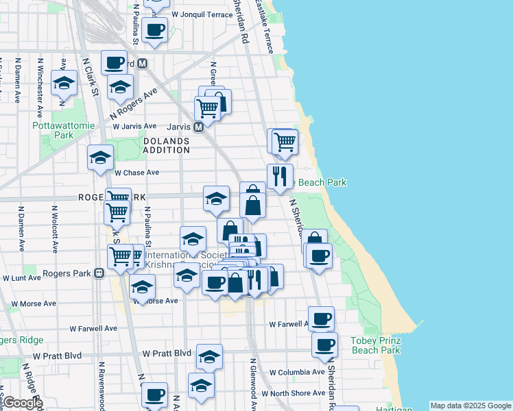 map of restaurants, bars, coffee shops, grocery stores, and more near 1351 West Touhy Avenue in Chicago