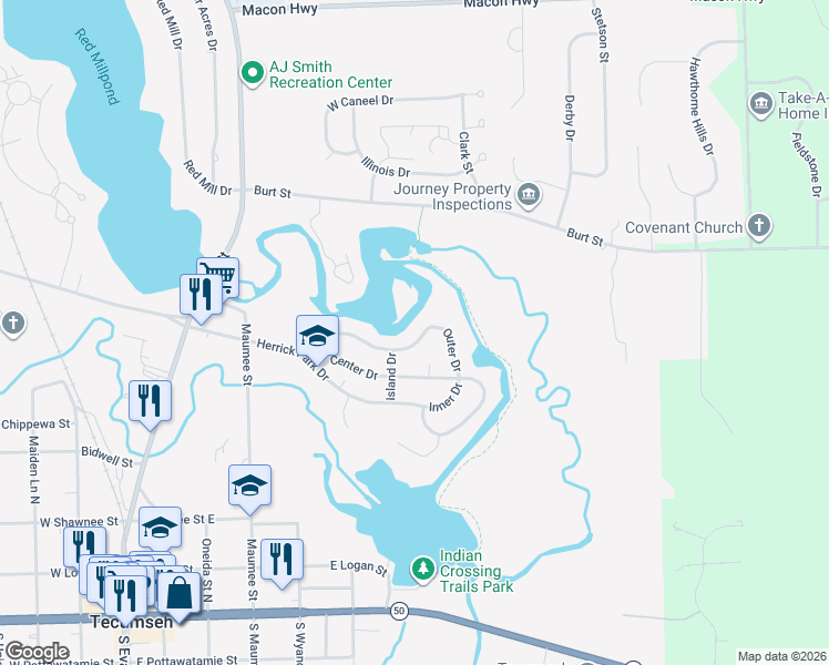 map of restaurants, bars, coffee shops, grocery stores, and more near 609 Outer Drive in Tecumseh