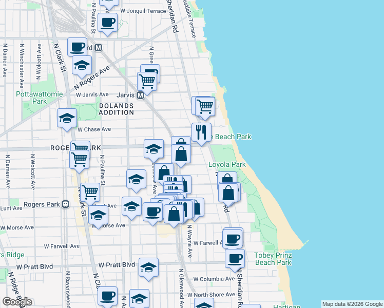 map of restaurants, bars, coffee shops, grocery stores, and more near 1335 West Touhy Avenue in Chicago