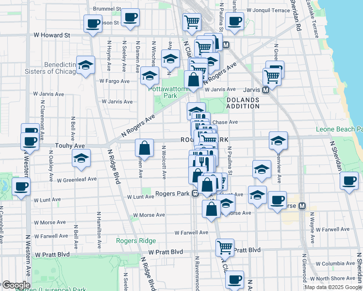 map of restaurants, bars, coffee shops, grocery stores, and more near 1819 West Touhy Avenue in Chicago