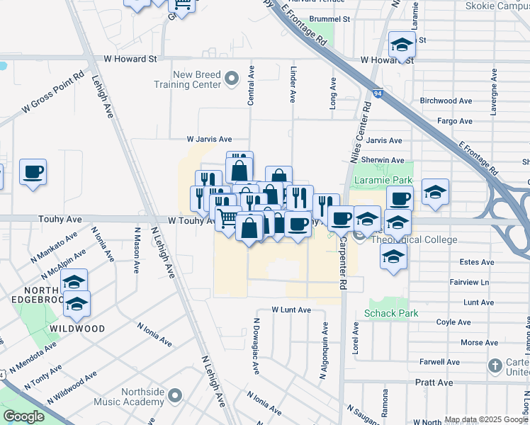 map of restaurants, bars, coffee shops, grocery stores, and more near 5540 West Touhy Avenue in Skokie
