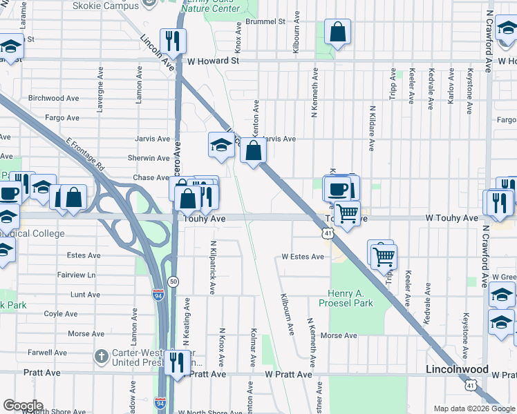 map of restaurants, bars, coffee shops, grocery stores, and more near in Lincolnwood