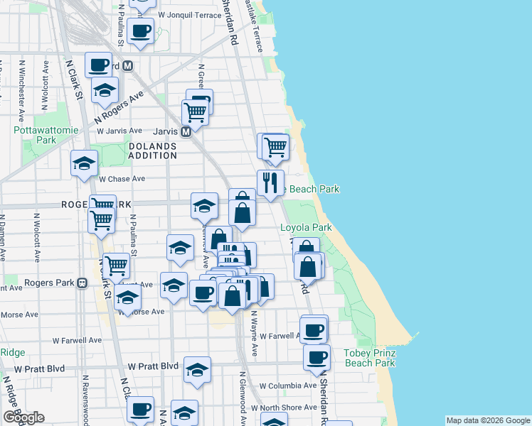 map of restaurants, bars, coffee shops, grocery stores, and more near 1329 West Touhy Avenue in Chicago