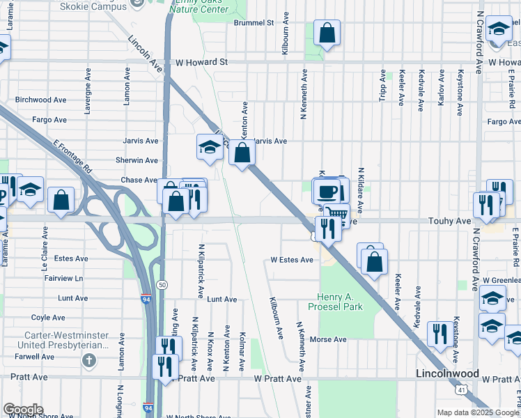 map of restaurants, bars, coffee shops, grocery stores, and more near 7215 District Avenue in Lincolnwood