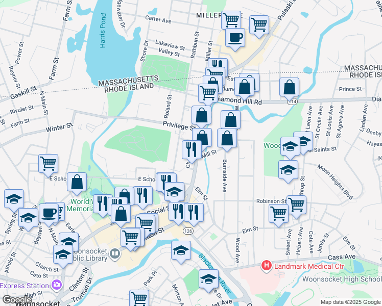 map of restaurants, bars, coffee shops, grocery stores, and more near 76 Chester Street in Woonsocket
