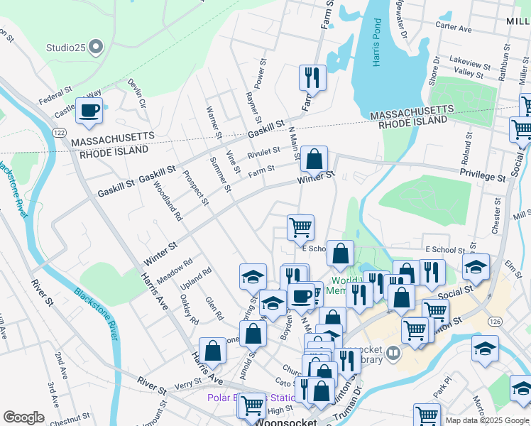map of restaurants, bars, coffee shops, grocery stores, and more near 70 Phebe Street in Woonsocket