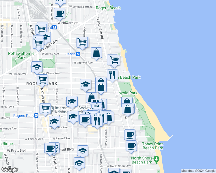 map of restaurants, bars, coffee shops, grocery stores, and more near 1329 West Touhy Avenue in Chicago