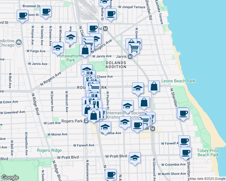 map of restaurants, bars, coffee shops, grocery stores, and more near 7115 North Paulina Street in Chicago