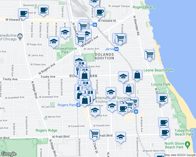 map of restaurants, bars, coffee shops, grocery stores, and more near 7115 North Paulina Street in Chicago