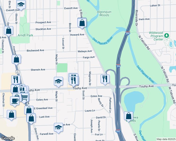 map of restaurants, bars, coffee shops, grocery stores, and more near 2289 South Scott Street in Des Plaines