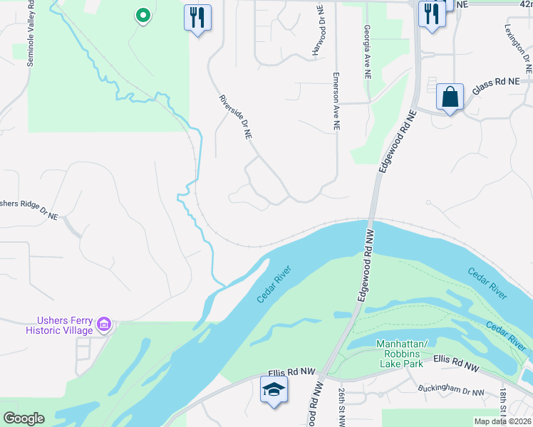 map of restaurants, bars, coffee shops, grocery stores, and more near 3303 Riverpointe Circle Northeast in Cedar Rapids