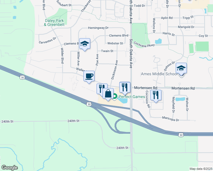 map of restaurants, bars, coffee shops, grocery stores, and more near 1305 Dickinson Avenue in Ames