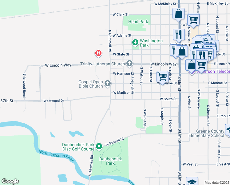 map of restaurants, bars, coffee shops, grocery stores, and more near 401 South Georgia Street in Jefferson