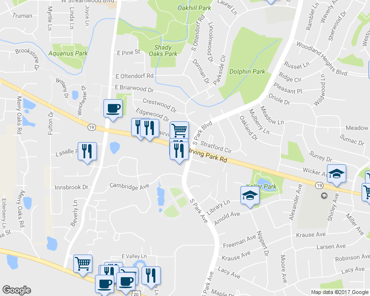 map of restaurants, bars, coffee shops, grocery stores, and more near 227 East Irving Park Road in Streamwood