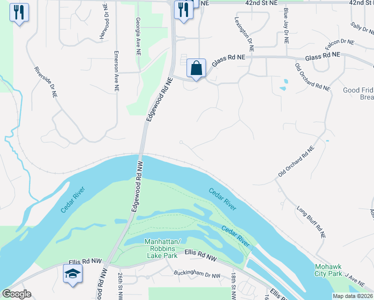 map of restaurants, bars, coffee shops, grocery stores, and more near 3001 Cedar Ridge Drive Northeast in Cedar Rapids
