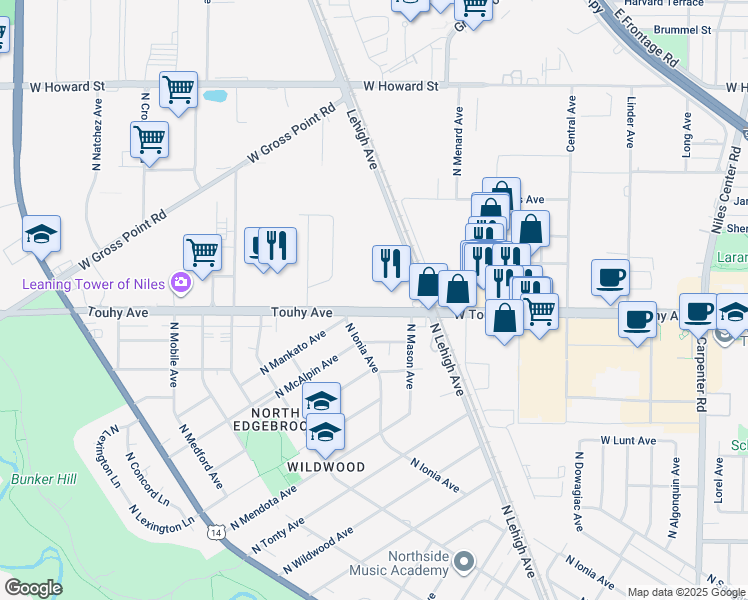 map of restaurants, bars, coffee shops, grocery stores, and more near 5954 West Touhy Avenue in Niles