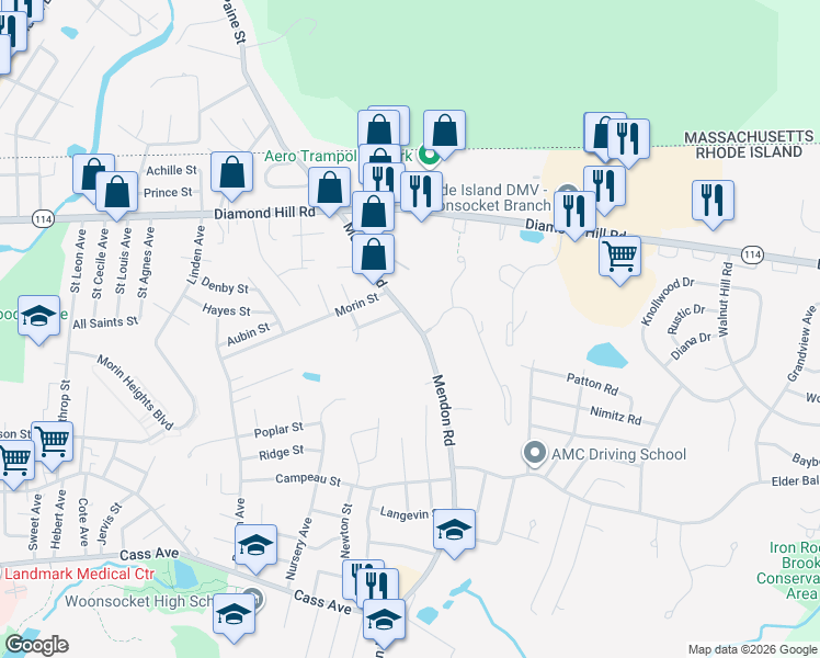 map of restaurants, bars, coffee shops, grocery stores, and more near 471 Mendon Road in Woonsocket