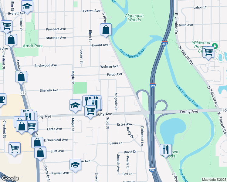 map of restaurants, bars, coffee shops, grocery stores, and more near 2289 South Scott Street in Des Plaines