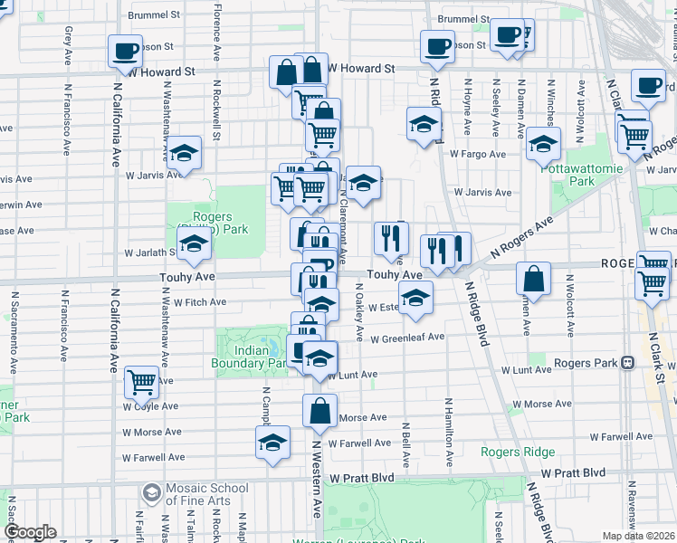 map of restaurants, bars, coffee shops, grocery stores, and more near 7128 North Oakley Avenue in Chicago
