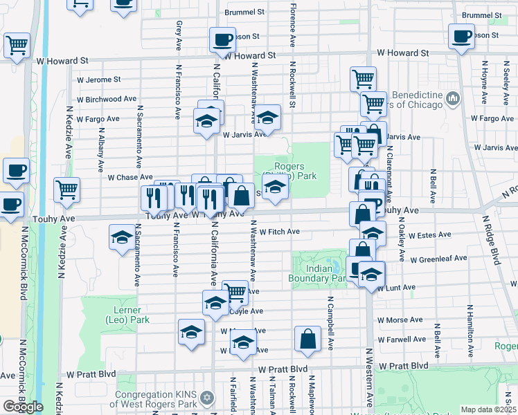 map of restaurants, bars, coffee shops, grocery stores, and more near 2640 West Touhy Avenue in Chicago