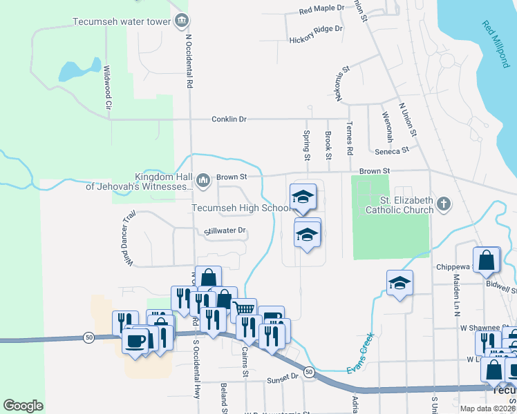 map of restaurants, bars, coffee shops, grocery stores, and more near 611 Ridge Lane in Tecumseh