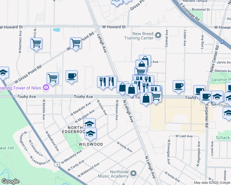 map of restaurants, bars, coffee shops, grocery stores, and more near 5849 West Touhy Avenue in Chicago