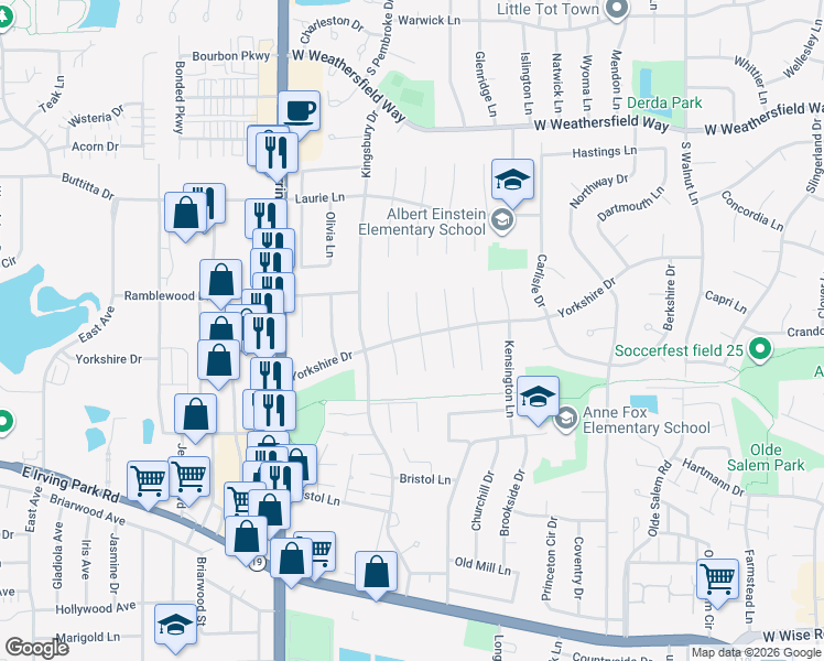 map of restaurants, bars, coffee shops, grocery stores, and more near 1340 Yorkshire Drive in Hanover Park