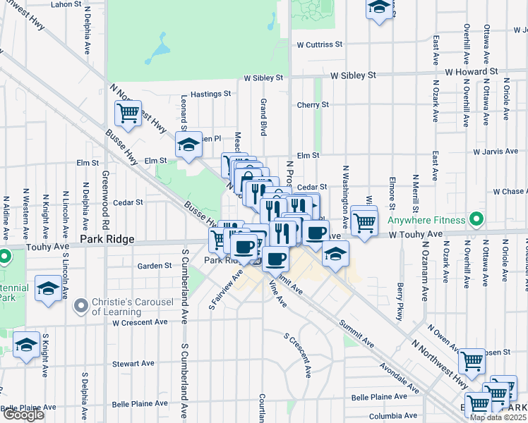map of restaurants, bars, coffee shops, grocery stores, and more near 115 North Northwest Highway in Park Ridge