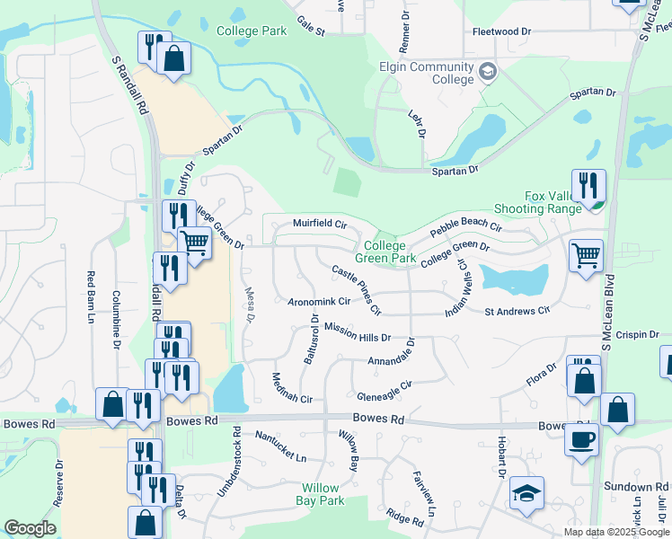 map of restaurants, bars, coffee shops, grocery stores, and more near Castle Pines Cir & Carnoustie Ct in Elgin