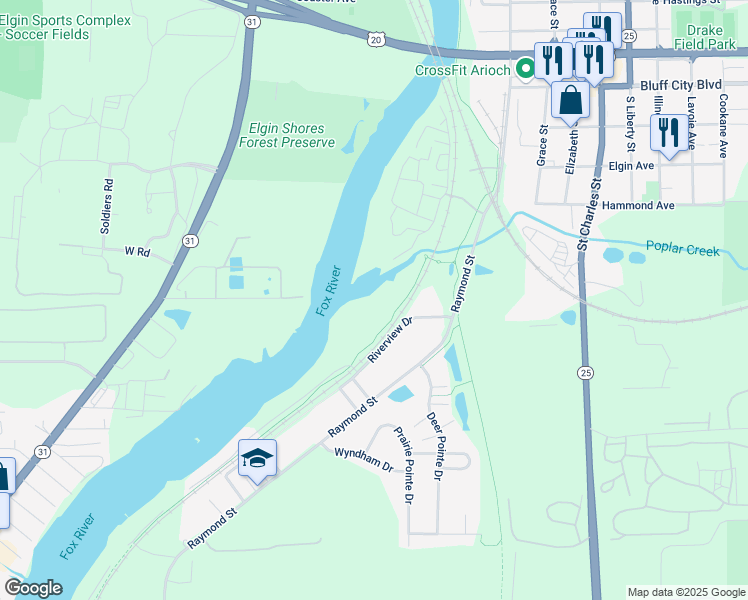 map of restaurants, bars, coffee shops, grocery stores, and more near Fox River Trail (Algonquin to Aurora) in South Elgin