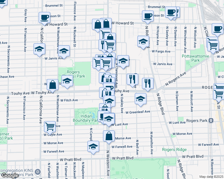 map of restaurants, bars, coffee shops, grocery stores, and more near 2342 West Touhy Avenue in Chicago