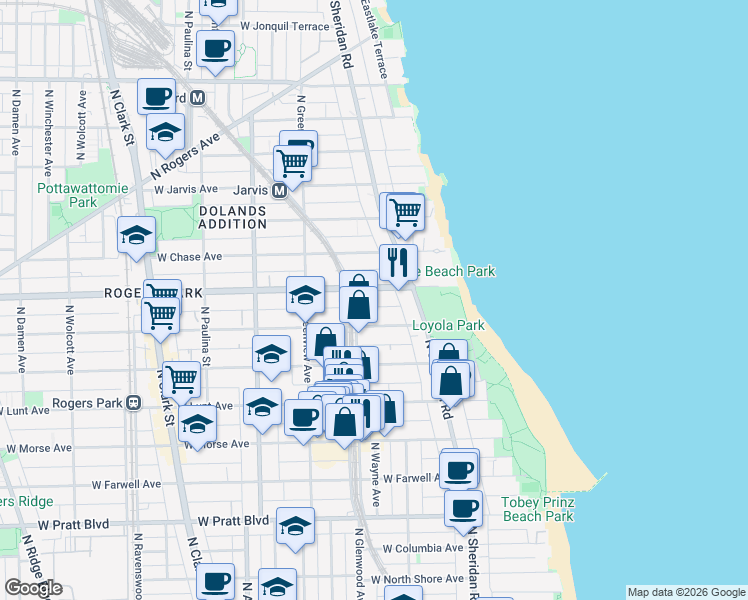 map of restaurants, bars, coffee shops, grocery stores, and more near 1329 West Touhy Avenue in Chicago