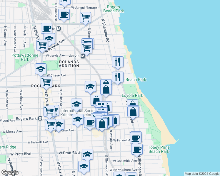 map of restaurants, bars, coffee shops, grocery stores, and more near 1329 West Touhy Avenue in Chicago