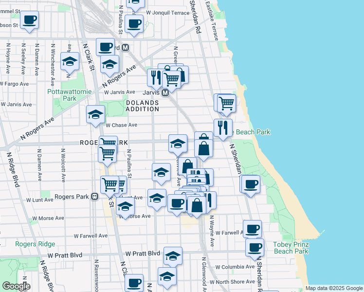 map of restaurants, bars, coffee shops, grocery stores, and more near 1446 West Estes Avenue in Chicago