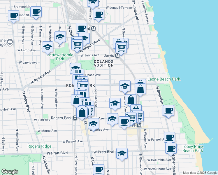map of restaurants, bars, coffee shops, grocery stores, and more near 7114 North Ashland Boulevard in Chicago
