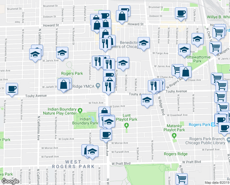 map of restaurants, bars, coffee shops, grocery stores, and more near 7128 North Oakley Avenue in Chicago