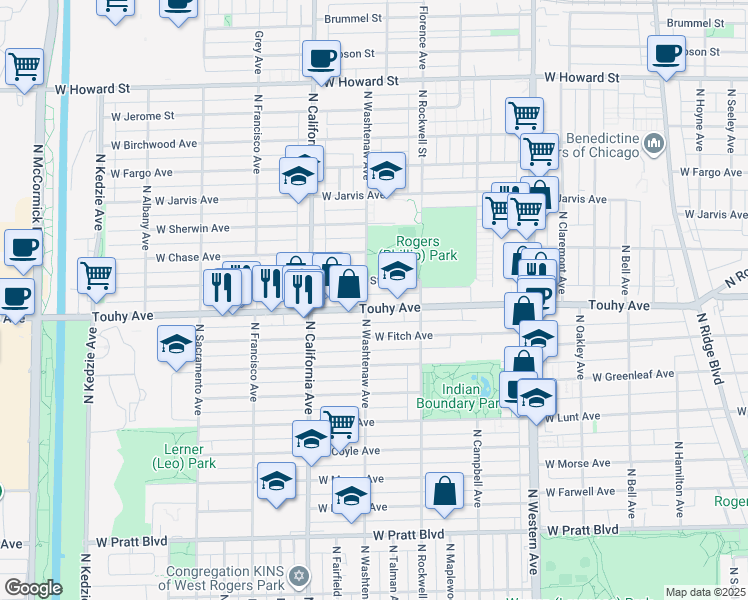map of restaurants, bars, coffee shops, grocery stores, and more near 2640 West Touhy Avenue in Chicago