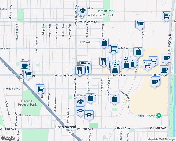 map of restaurants, bars, coffee shops, grocery stores, and more near 7203 East Prairie Road in Lincolnwood