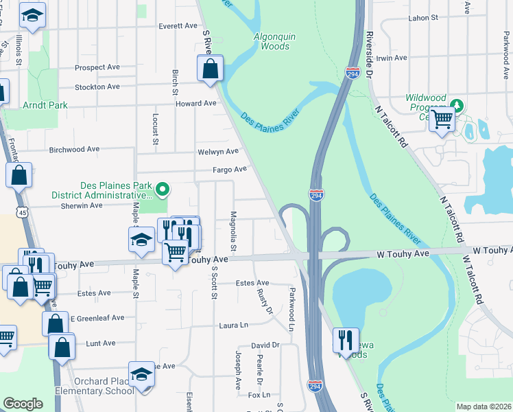 map of restaurants, bars, coffee shops, grocery stores, and more near 2140 Chase Avenue in Des Plaines