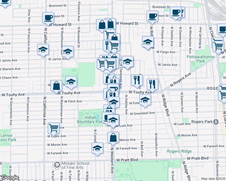map of restaurants, bars, coffee shops, grocery stores, and more near 7201 North Western Avenue in Chicago
