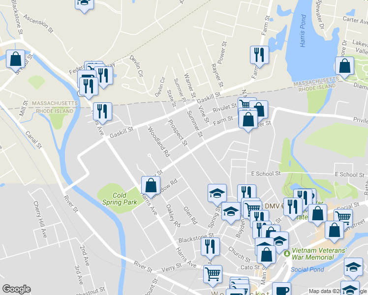 map of restaurants, bars, coffee shops, grocery stores, and more near 428 Prospect Street in Woonsocket