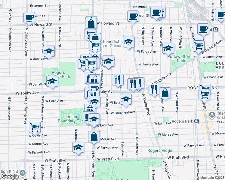 map of restaurants, bars, coffee shops, grocery stores, and more near 7201 North Oakley Avenue in Chicago