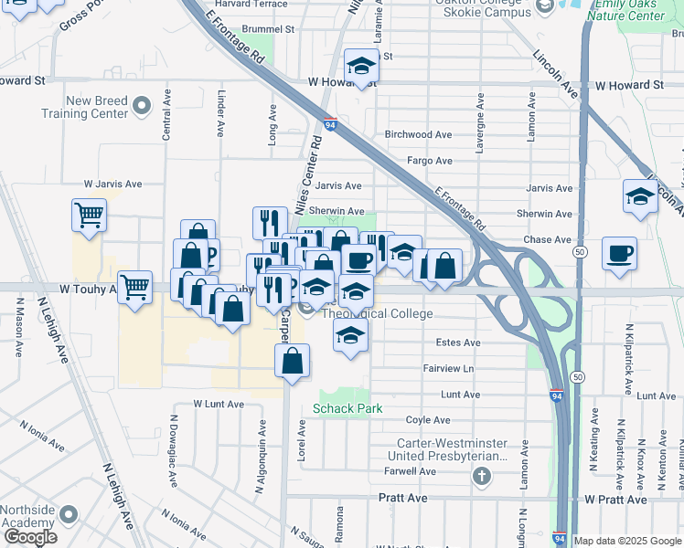 map of restaurants, bars, coffee shops, grocery stores, and more near 5234 West Touhy Avenue in Skokie