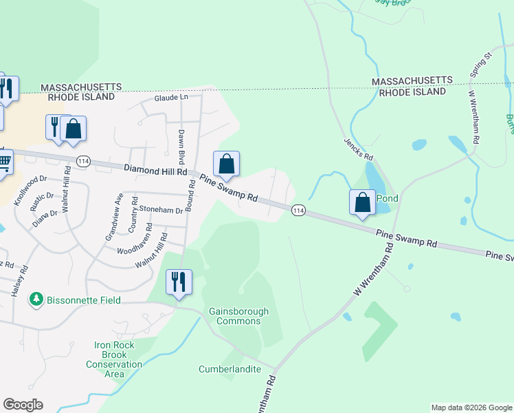 map of restaurants, bars, coffee shops, grocery stores, and more near 35 Pine Swamp Road in Cumberland