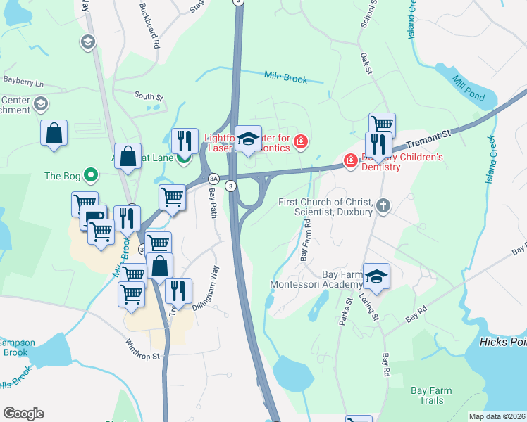 map of restaurants, bars, coffee shops, grocery stores, and more near 88 Woodridge Road in Duxbury