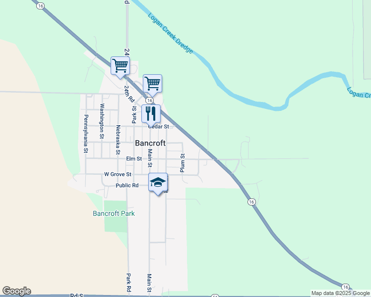 map of restaurants, bars, coffee shops, grocery stores, and more near 402 Plum Street in Bancroft