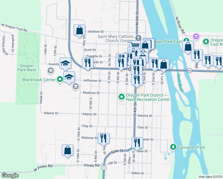 map of restaurants, bars, coffee shops, grocery stores, and more near 300 South 6th Street in Oregon